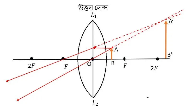 উত্তল লেন্সে অসদ্‌, বিবর্ধিত প্রতিবিম্ব